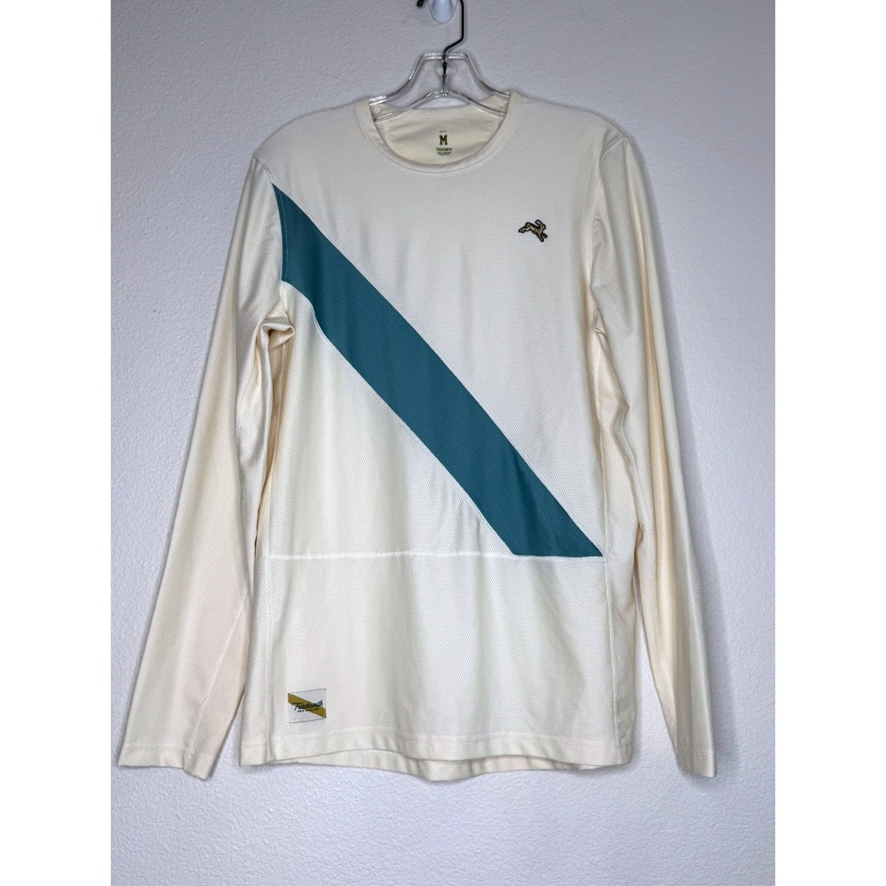 TRACKSMITH Mens Van Cortland Long Sleeve 2:09 Mesh Top Medium Cream Blue Running
